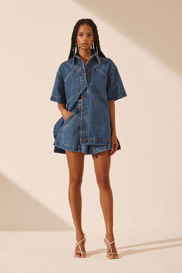 Raquel High Waisted Flared Short - Vintage Blue
