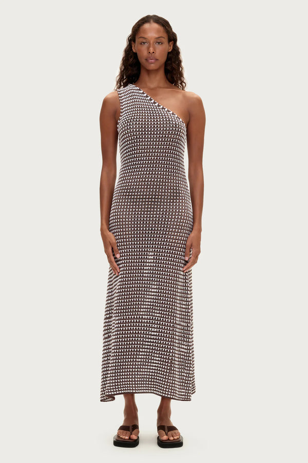 Lattice Knit One Shoulder Dress - Brown Stripe
