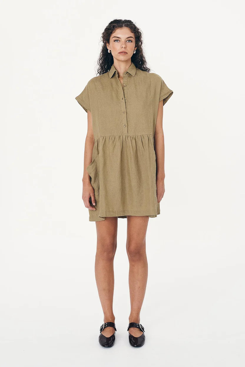 Gina Linen Mini Dress - Dusty Olive