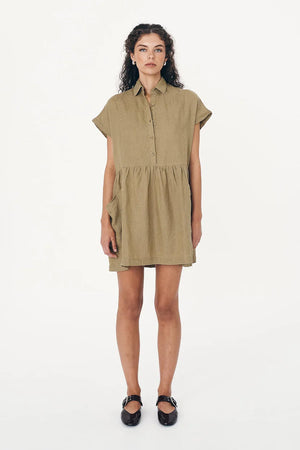 Gina Linen Mini Dress - Dusty Olive