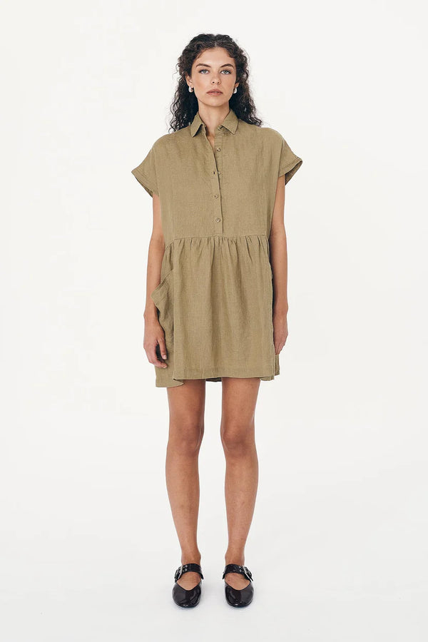 Gina Linen Mini Dress - Dusty Olive