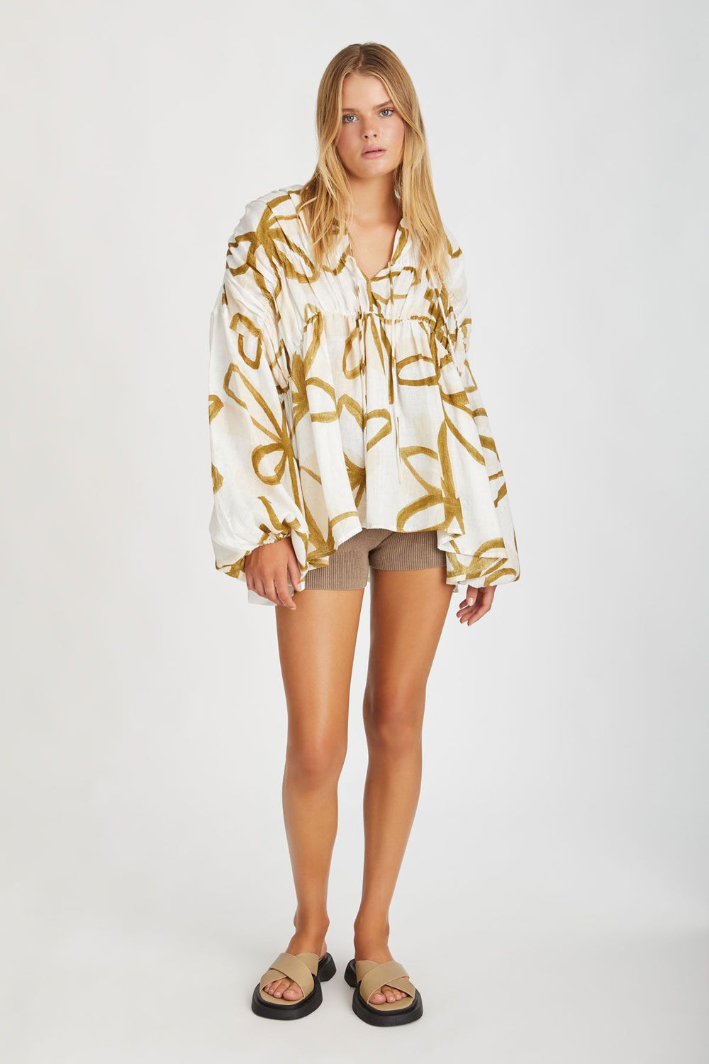 Olive Flower Linen Blouse