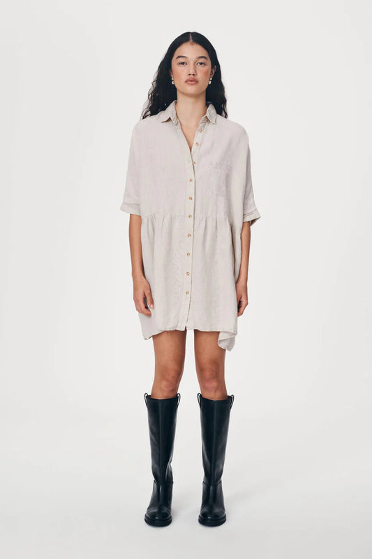 BAILEY LINEN DRESS - ALMOND