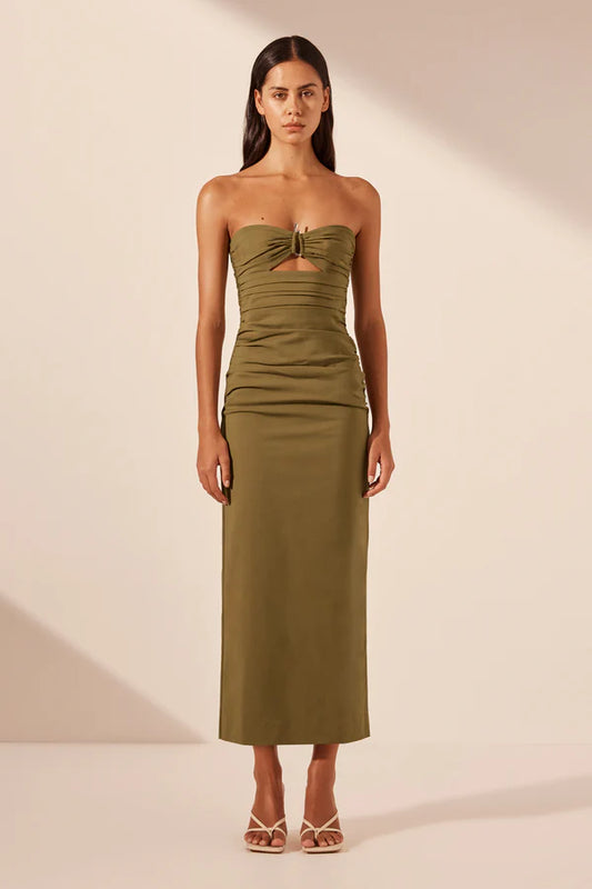 Strapless Gathered Midi Dress