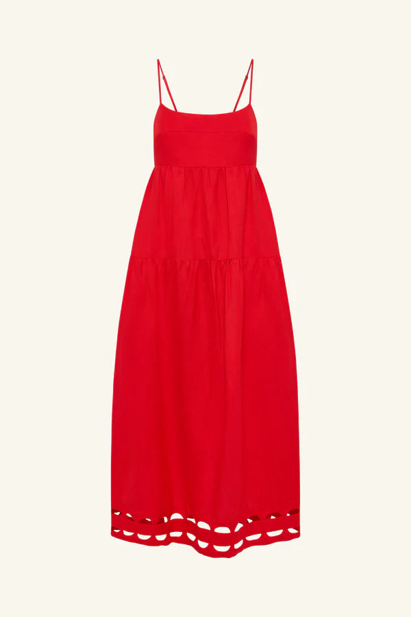 Birdie Scallop Tiered Midi Dress - Red Rose