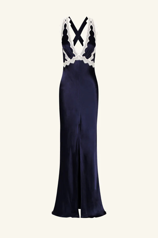 Camille Lace Cross Back Midi Dress - Deep Midnight