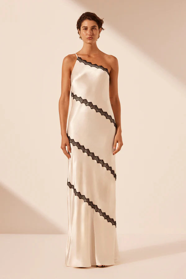 Camille Lace Asymmetrical Maxi Dress - Cream/ Black