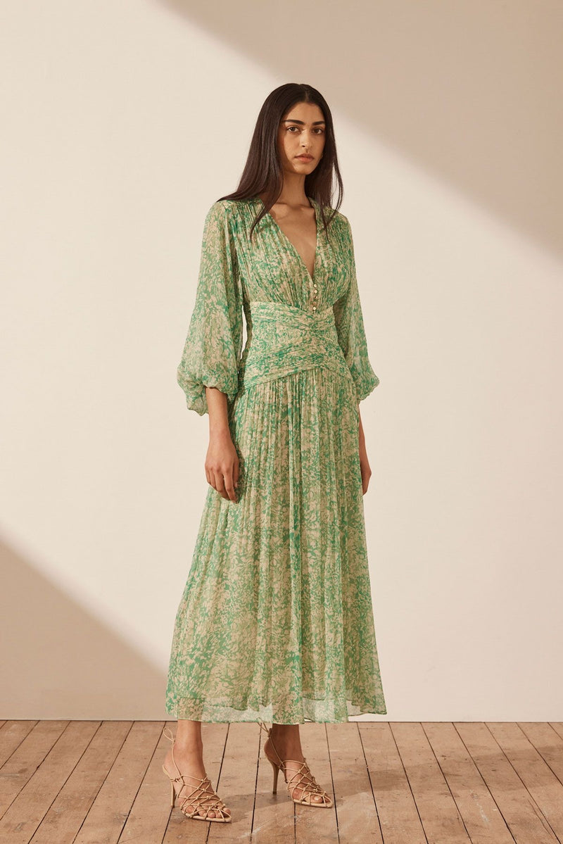 Belvedere Long Sleeve V Neck Midi Dress - Tree Green Multi
