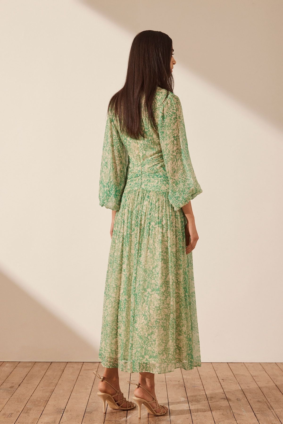 Belvedere Long Sleeve V Neck Midi Dress - Tree Green Multi