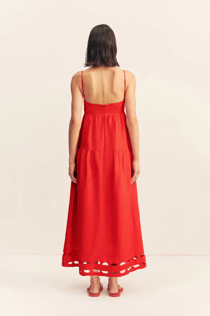 Birdie Scallop Tiered Midi Dress - Red Rose