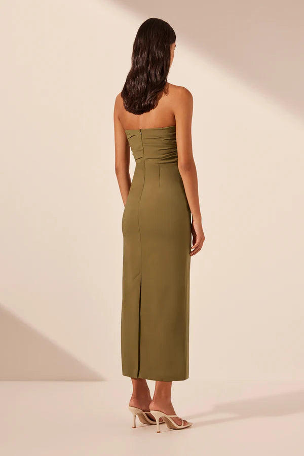 Strapless Gathered Midi Dress