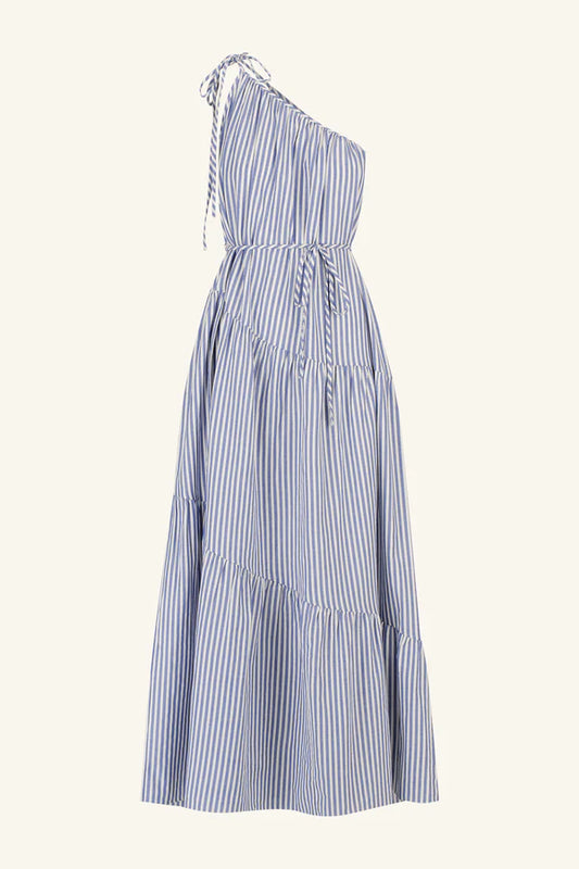 Yasmine One Shoulder Tiered Maxi Dress - Chambray Blue/Ivory