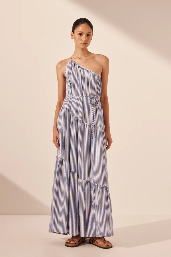 Yasmine One Shoulder Tiered Maxi Dress - Chambray Blue/Ivory