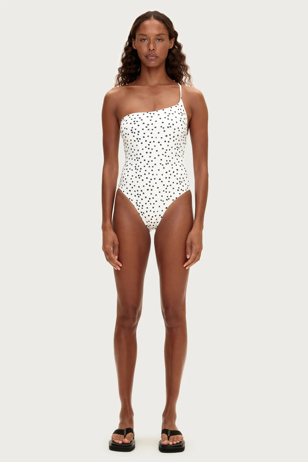 One Shoulder One Piece - Black Spot Print
