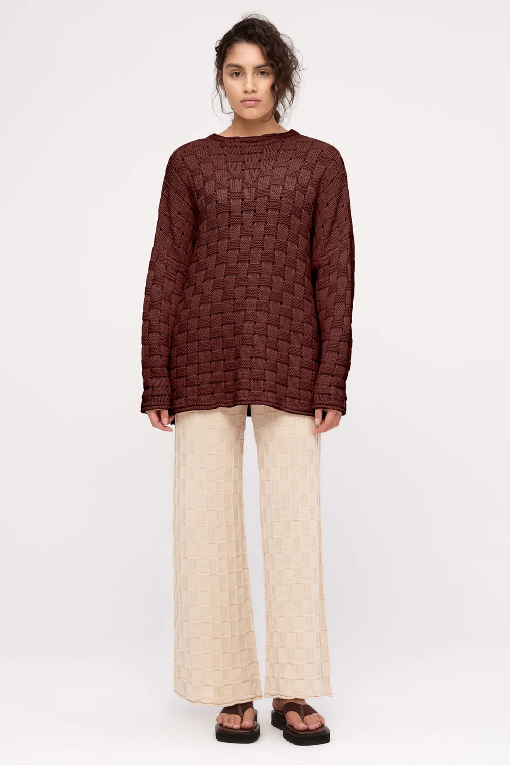 Basketweave Knit Jumper - Deep Brown