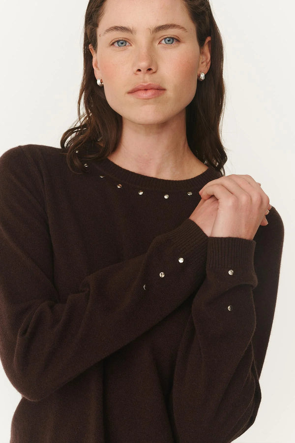 Emaline Stud Merino Knit Top - Dark Cacao