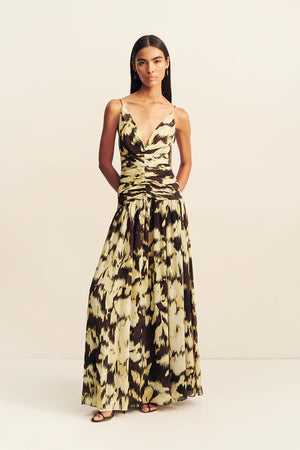Benny Plunged Gathered Maxi Dress - Ristretto/Butter