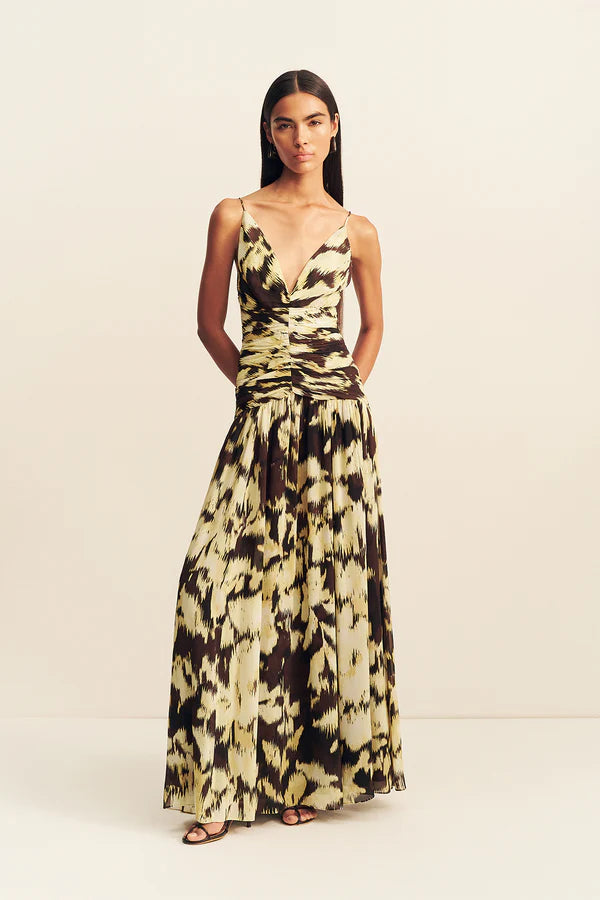 Benny Plunged Gathered Maxi Dress - Ristretto/Butter