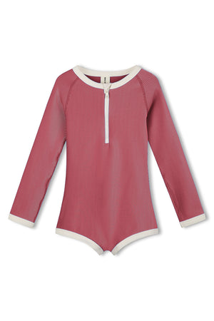 Mini Stripe Rashie Onesie - Clay Red