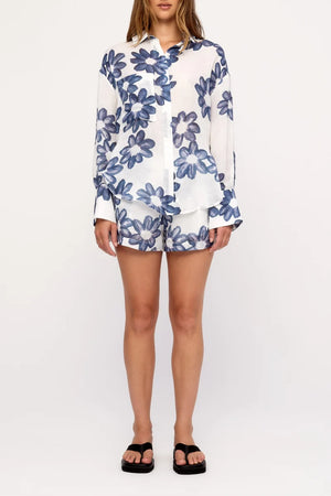 Blue Flower Ramie Tie Shirt - Blue Flower