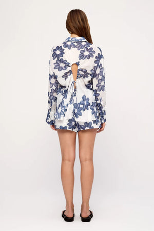 Blue Flower Ramie Tie Shirt - Blue Flower