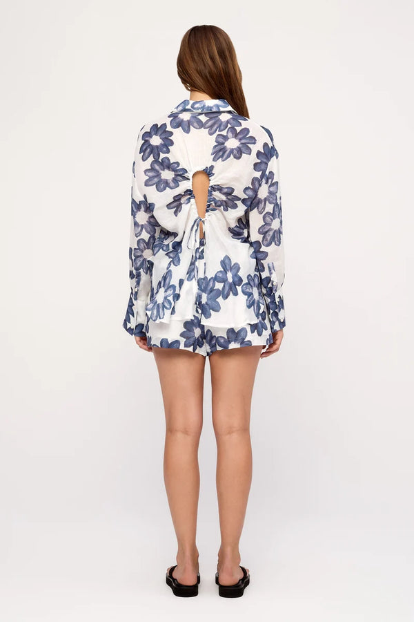 Blue Flower Ramie Tie Shirt - Blue Flower
