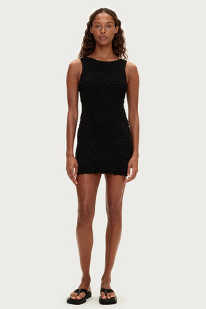 Crinkle Knit Mini Dress - Black